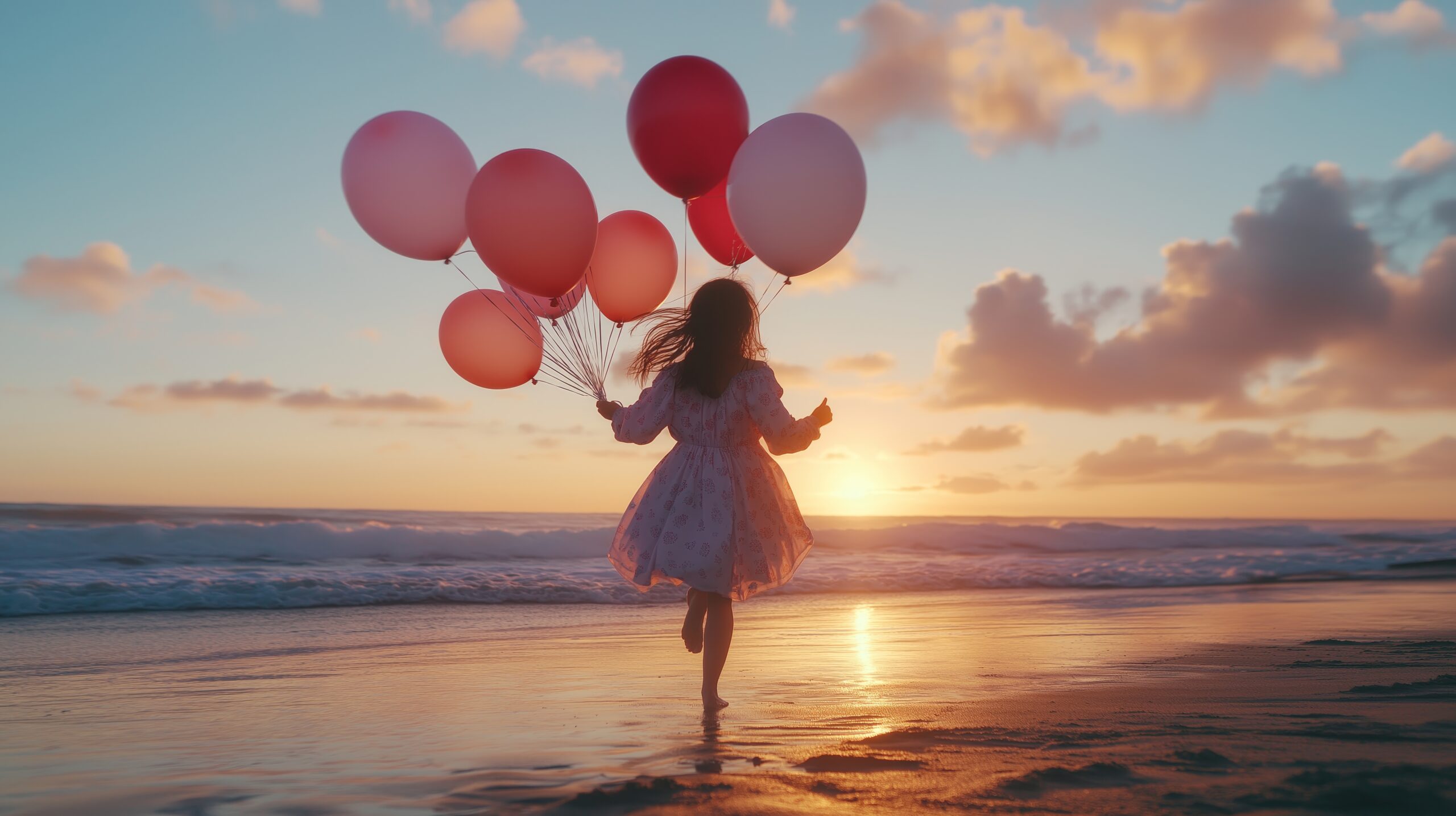 Young girl with colorful balloons runs joyfully along the beach at sunset, with waves gently lapping at her feet, capturing a moment of carefree childhood happiness